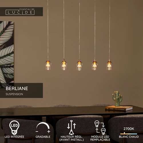 Lucide BERLIANE - Suspension - LED Dim. - 5x4W 2700K - Avec module LED remplaçable - Transparent | Essential - USP